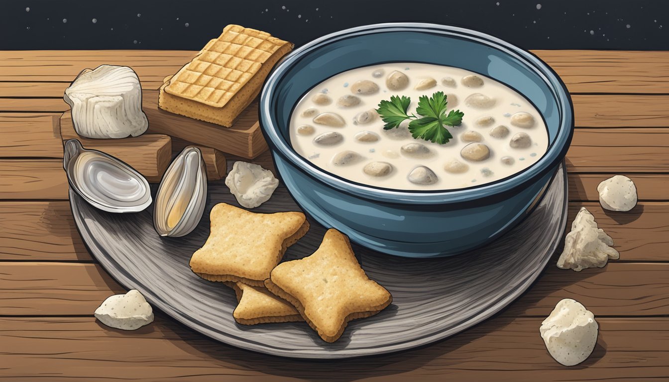 A steaming bowl of clam chowder with a side of oyster crackers on a rustic wooden table