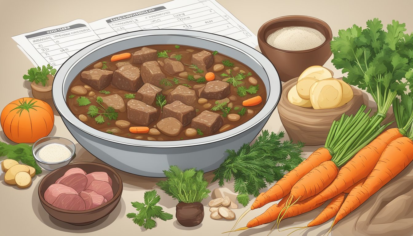 A bowl of beef stew surrounded by a variety of ingredients such as carrots, potatoes, and herbs, with a glycemic index chart in the background