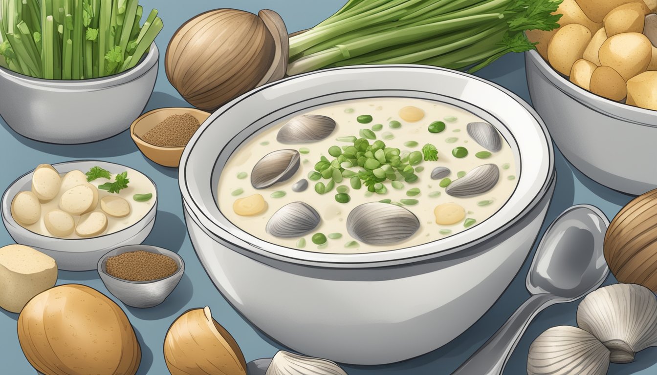 A bowl of clam chowder surrounded by a variety of ingredients such as clams, potatoes, and celery, with a nutritional label displaying the glycemic index