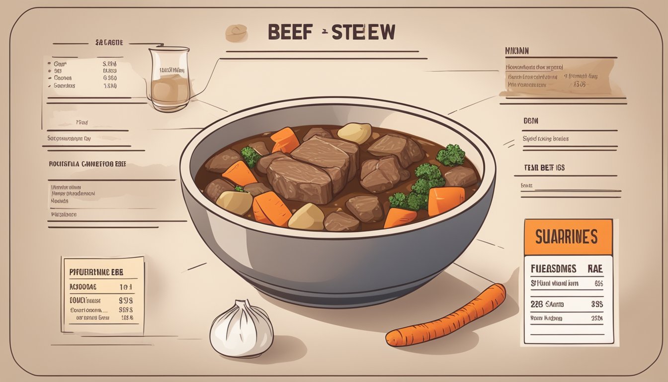 A steaming bowl of beef stew surrounded by ingredients such as carrots, potatoes, and chunks of tender beef. A nutrition label with glycemic index information sits nearby