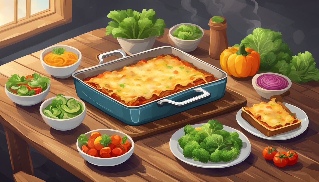 A steaming lasagna sits on a rustic wooden table, surrounded by colorful vegetables and a slice on a plate