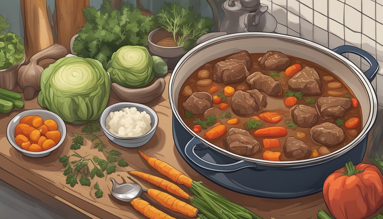 A pot of beef stew simmering on a stove, surrounded by fresh vegetables, herbs, and spices