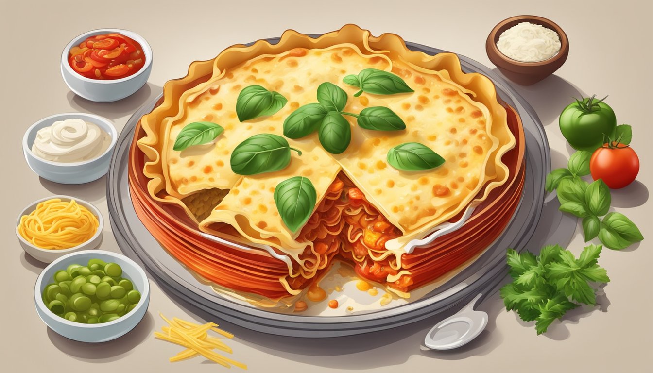 A steaming lasagna dish surrounded by colorful and fresh ingredients, with a focus on the layers of pasta, cheese, and tomato sauce