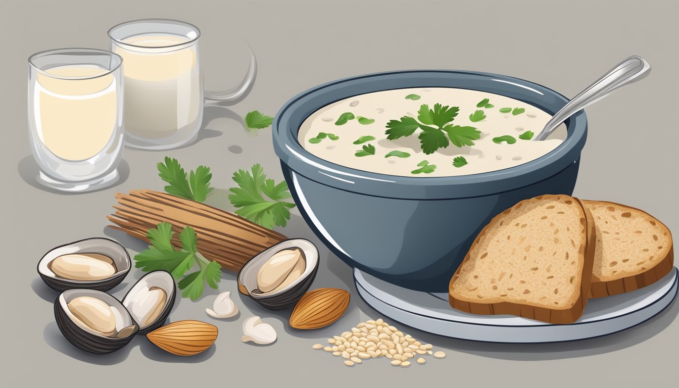 A steaming bowl of clam chowder surrounded by fresh clams, a sprig of parsley, and a side of whole grain bread