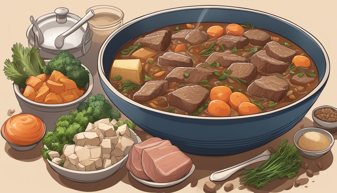 A steaming bowl of beef stew surrounded by various protein sources like chicken, fish, and tofu