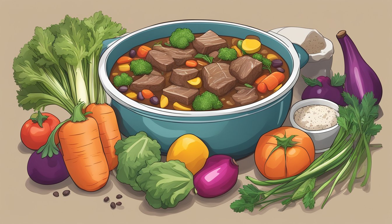 A steaming bowl of beef stew surrounded by colorful vegetables and herbs, with a focus on heart-healthy, low-glycemic ingredients