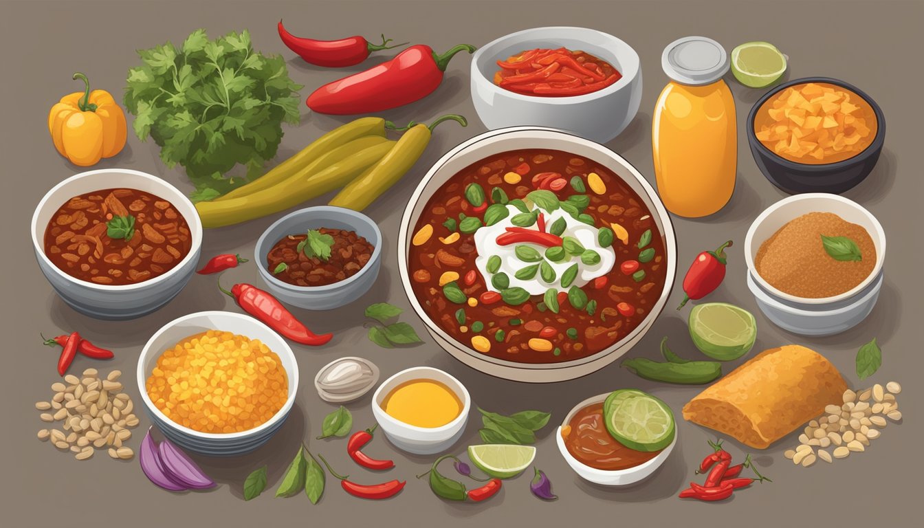 A bowl of chili surrounded by a variety of foods with different glycemic index values displayed on a table