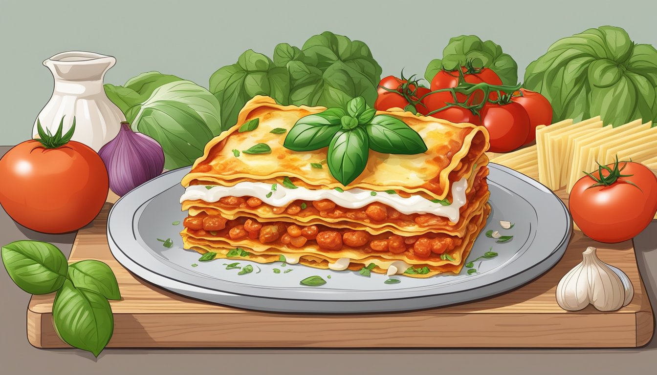 A steaming lasagna dish surrounded by fresh ingredients like tomatoes, basil, and garlic, with a glycemic index chart in the background