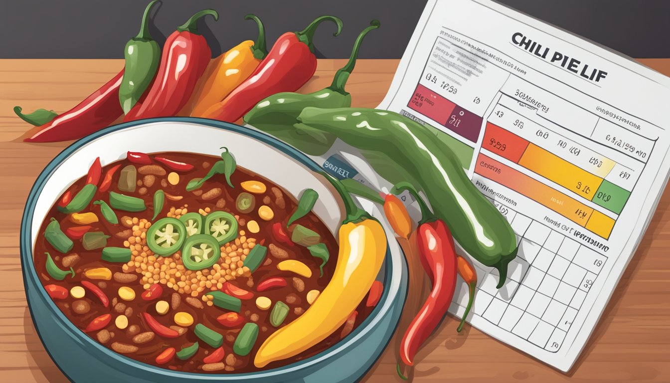 A bowl of chili surrounded by various chili peppers and ingredients, with a nutrition label and glycemic index chart displayed nearby