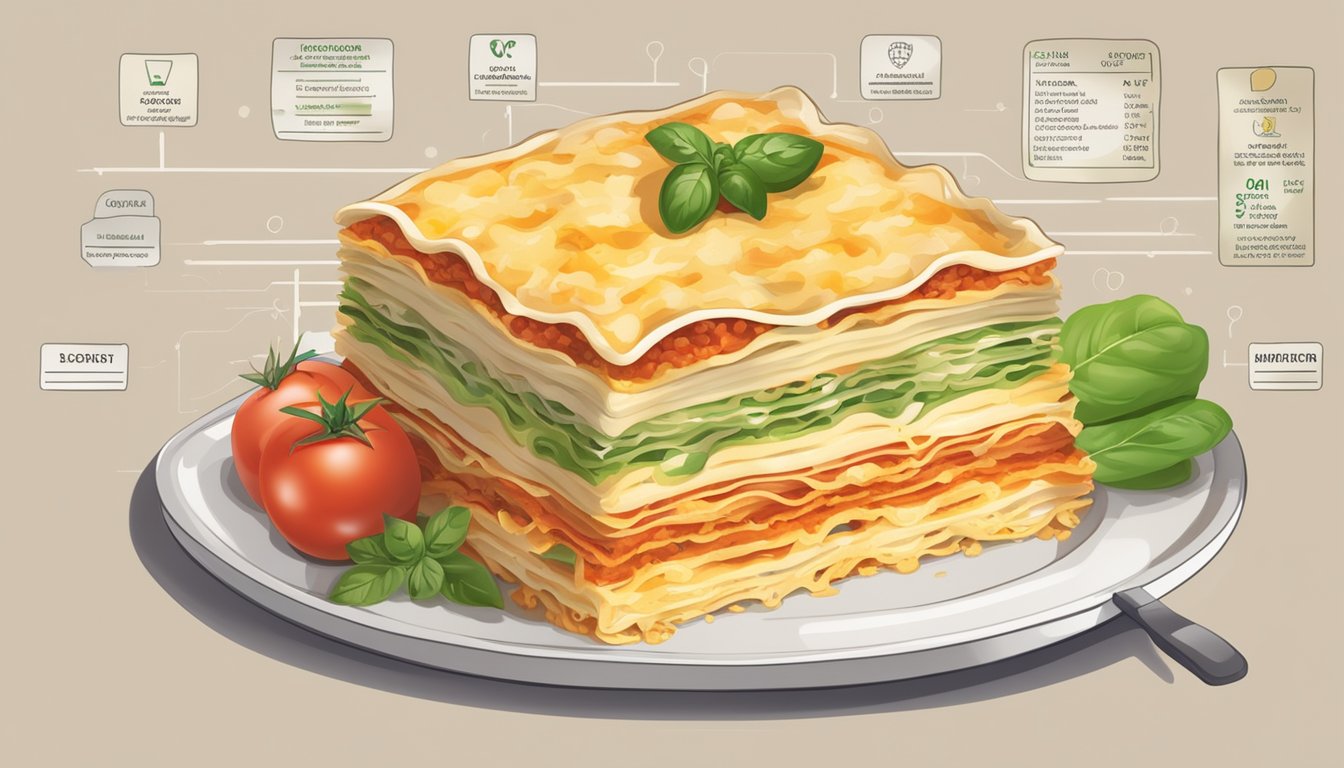 A plate of lasagna surrounded by various nutritional information labels and a glycemic index chart