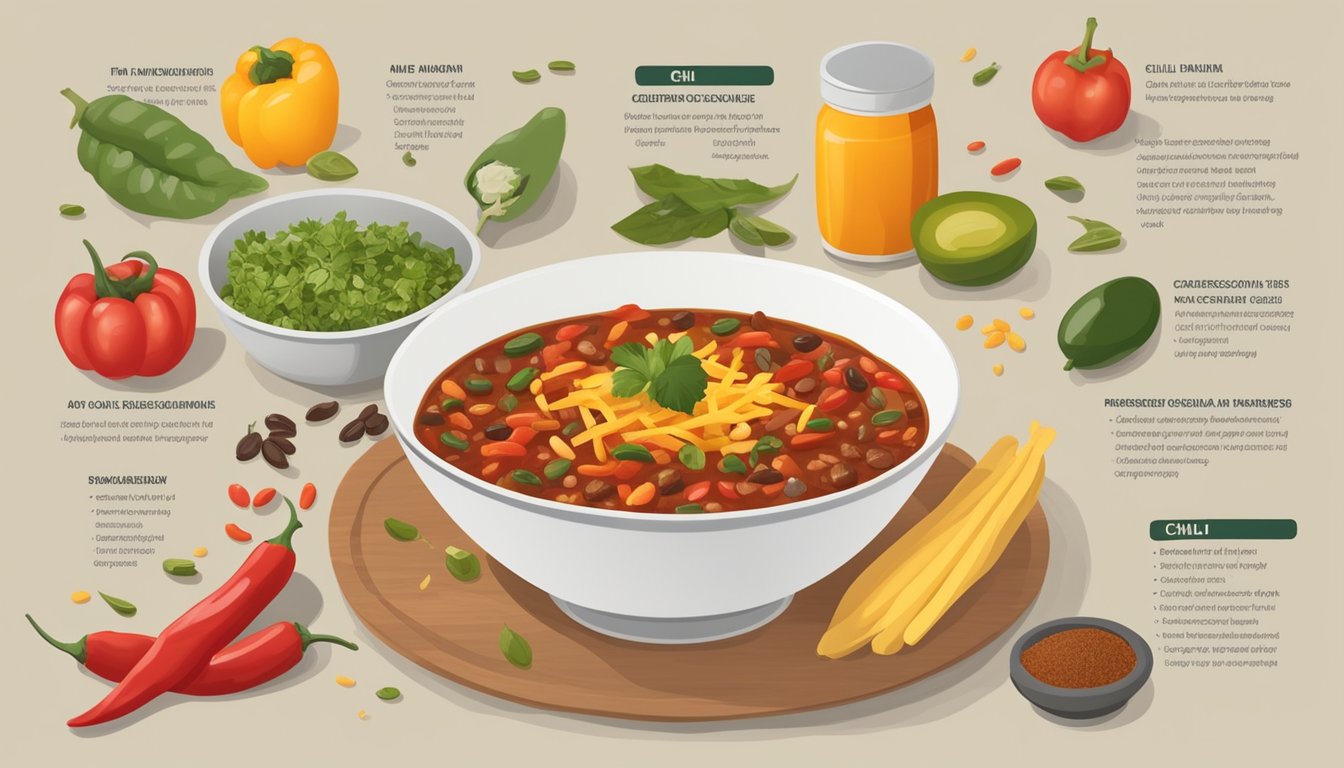 A bowl of chili surrounded by various ingredients with a glycemic index chart in the background