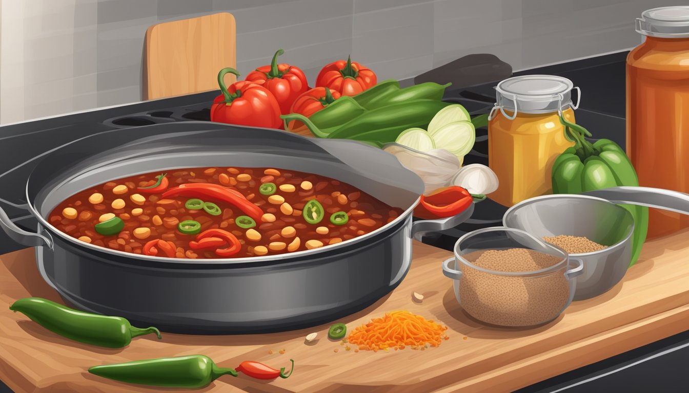 A pot of chili simmers on the stove, surrounded by cans of beans, diced tomatoes, and spices. Chopped vegetables wait on the cutting board