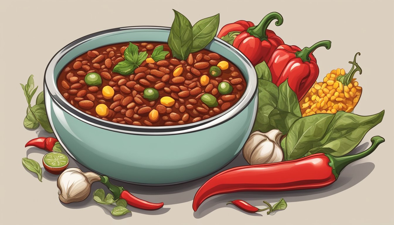 A bowl of chili surrounded by various ingredients with a focus on the chili pepper, beans,