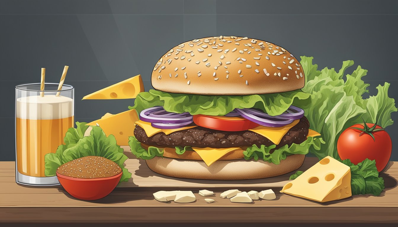 A hamburger surrounded by a variety of ingredients, including lettuce, tomato, cheese, and a sesame seed bun, with a glycemic index chart in the background