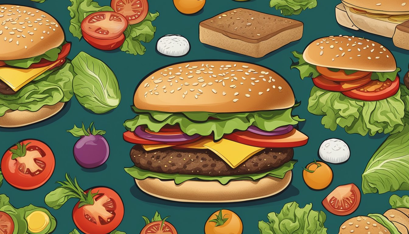 A hamburger surrounded by low glycemic index alternatives like lettuce, tomatoes, and whole grain buns