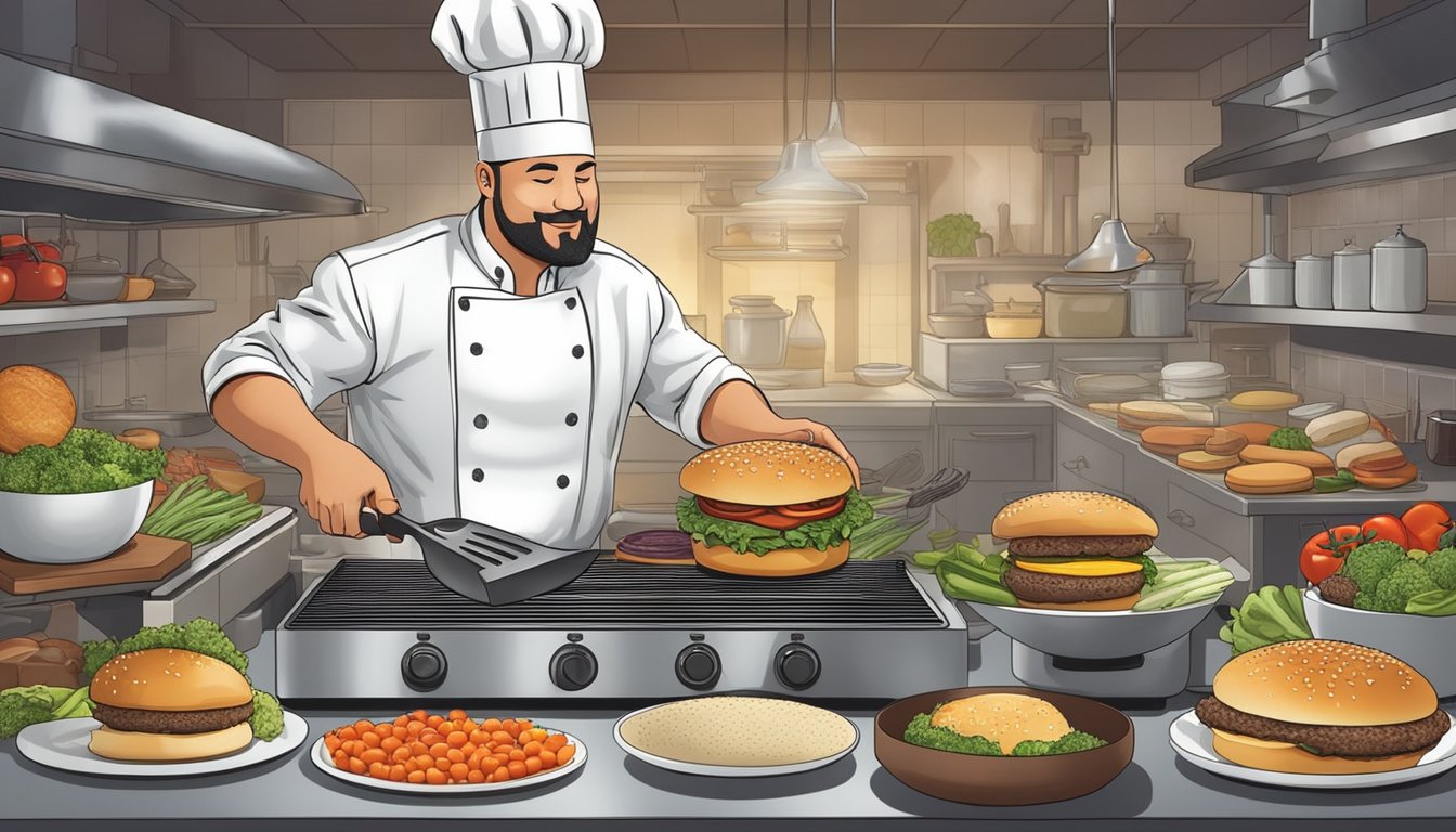 A chef grilling a hamburger patty while surrounded by various preparation techniques, such as slicing vegetables and toasting buns, with a focus on the glycemic impact of the ingredients