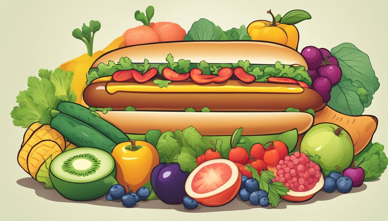 A hot dog with various fruits and vegetables surrounding it, representing the vitamins and minerals found in the food