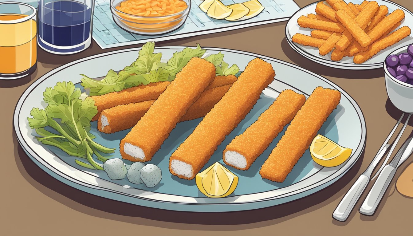 A plate of fish sticks arranged with a variety of nutritional components, including a glycemic index chart in the background