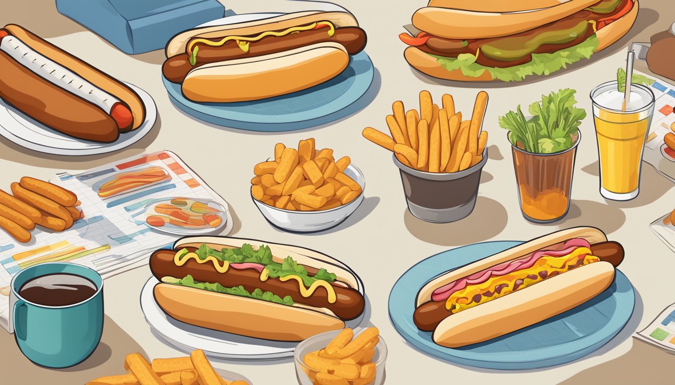 A table filled with various types of hot dogs, surrounded by charts and graphs showing their glycemic index values