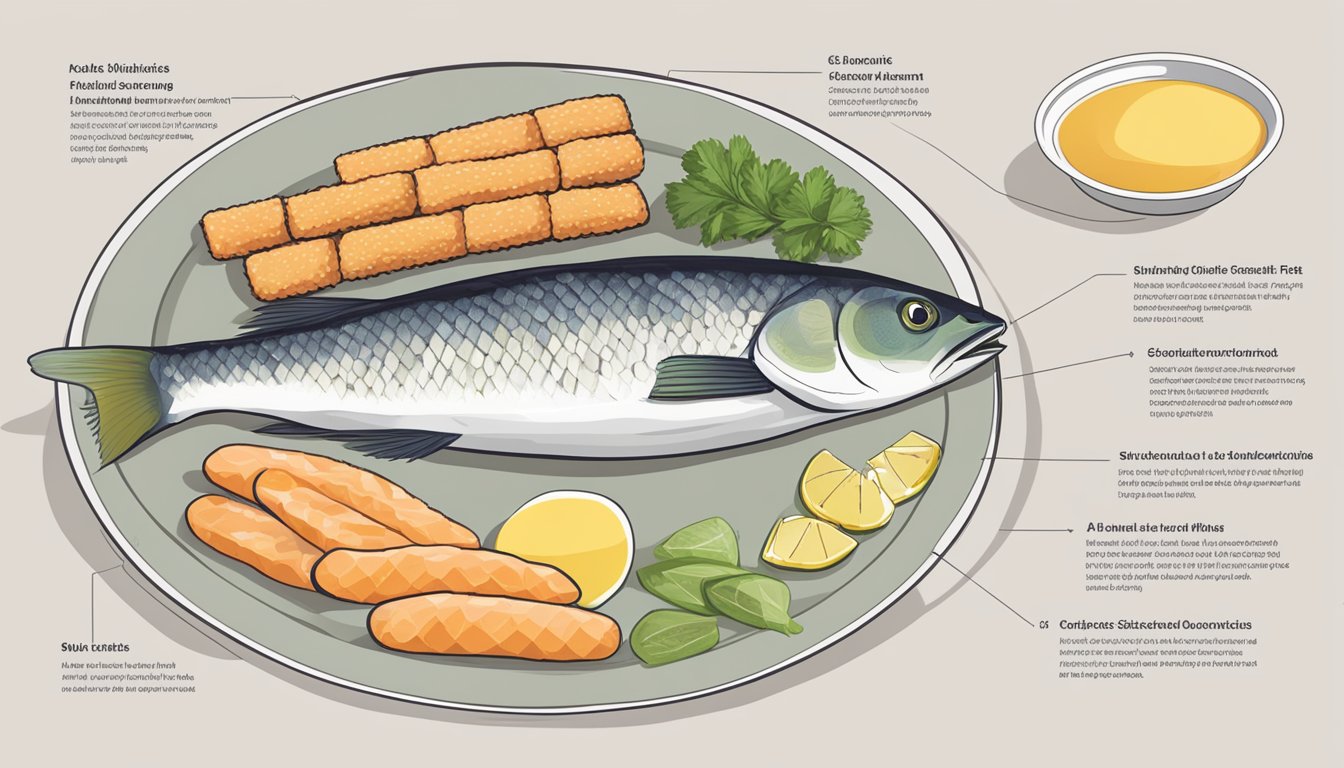 A plate of fish sticks with various types of fats labeled, next to a chart showing the fish sticks' glycemic index