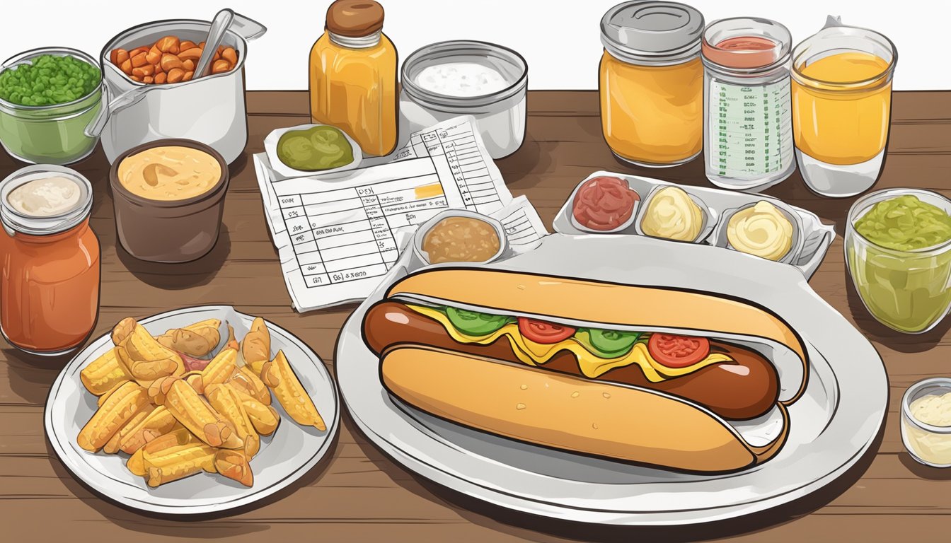 A hot dog with various condiments and side dishes arranged around it, with a glycemic index chart in the background