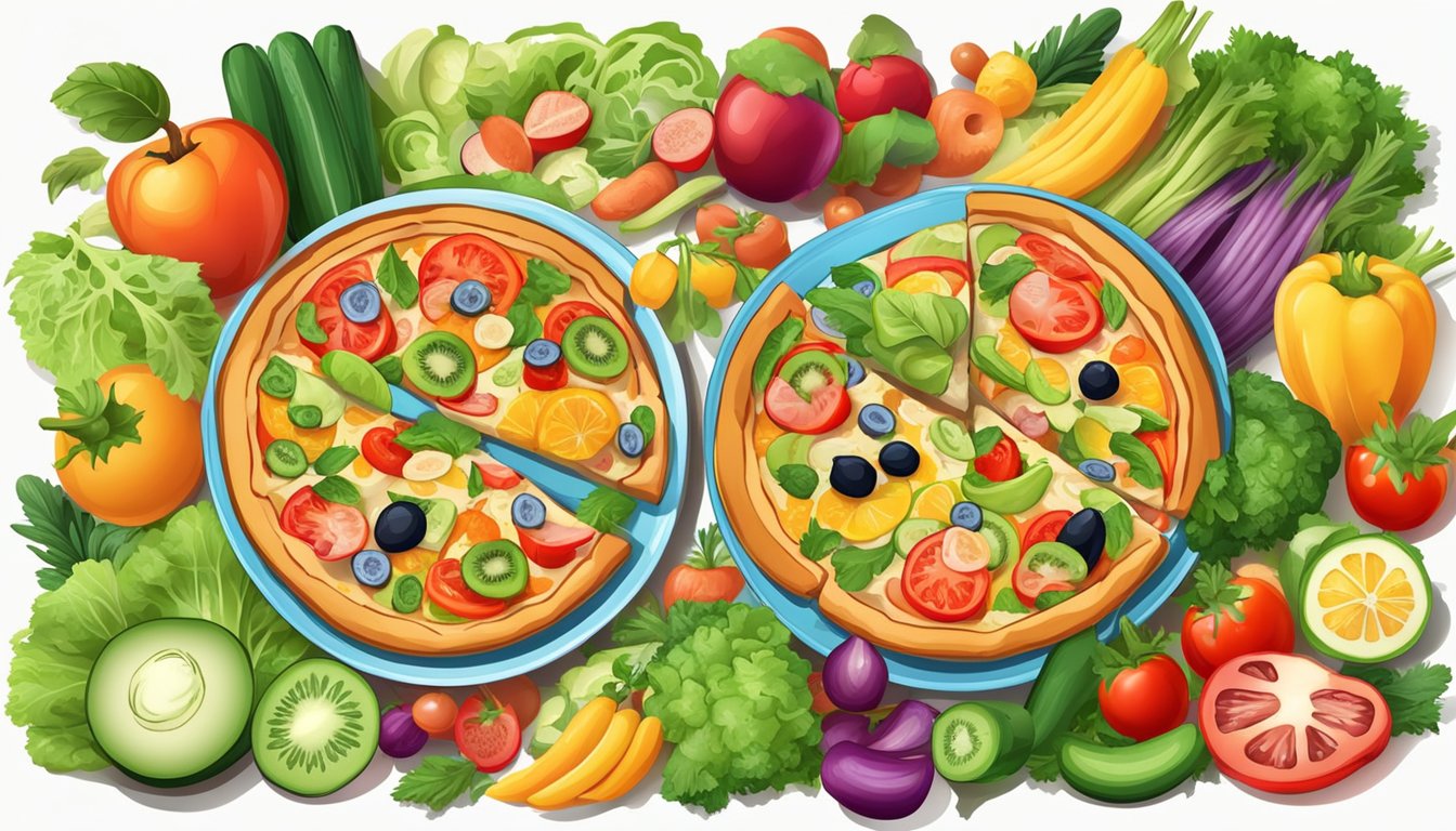 A colorful plate with a slice of pizza, surrounded by a variety of fresh vegetables and fruits, depicting a balanced diet