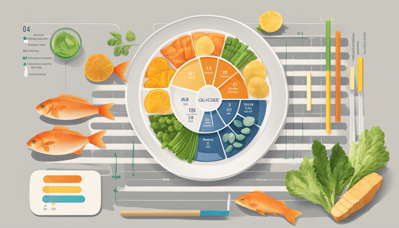 A plate with various fish stick alternatives arranged in a line, with a chart comparing their glycemic index displayed next to them