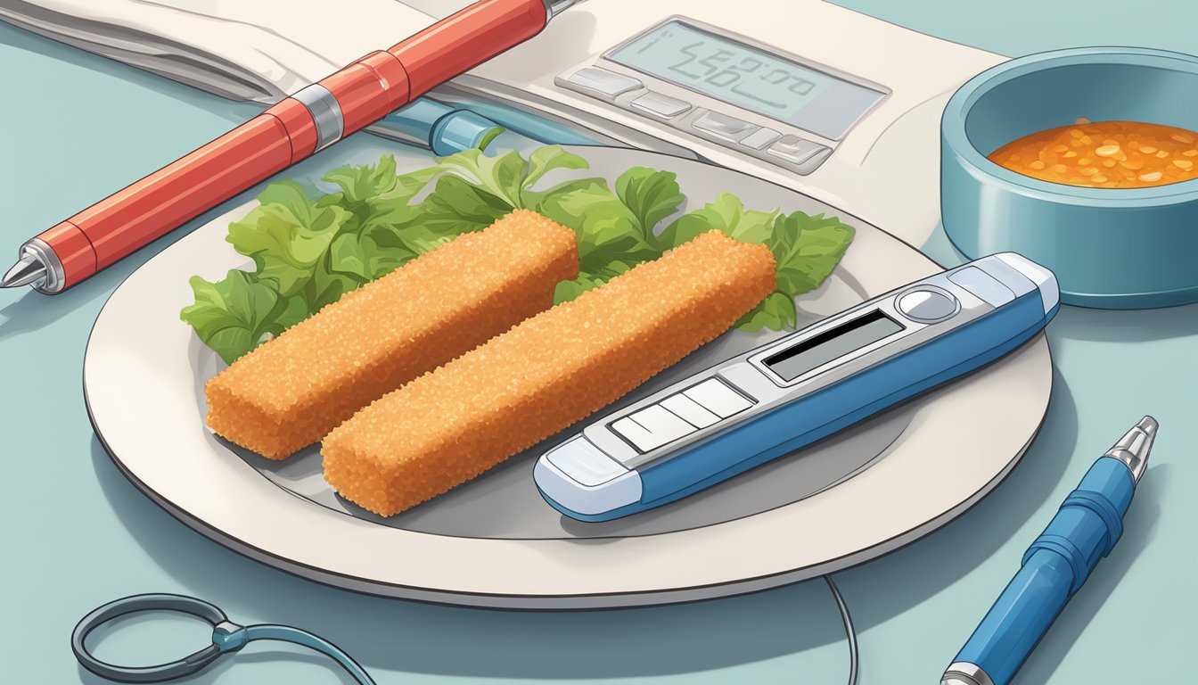 A plate of fish sticks next to a blood sugar monitor and insulin pen