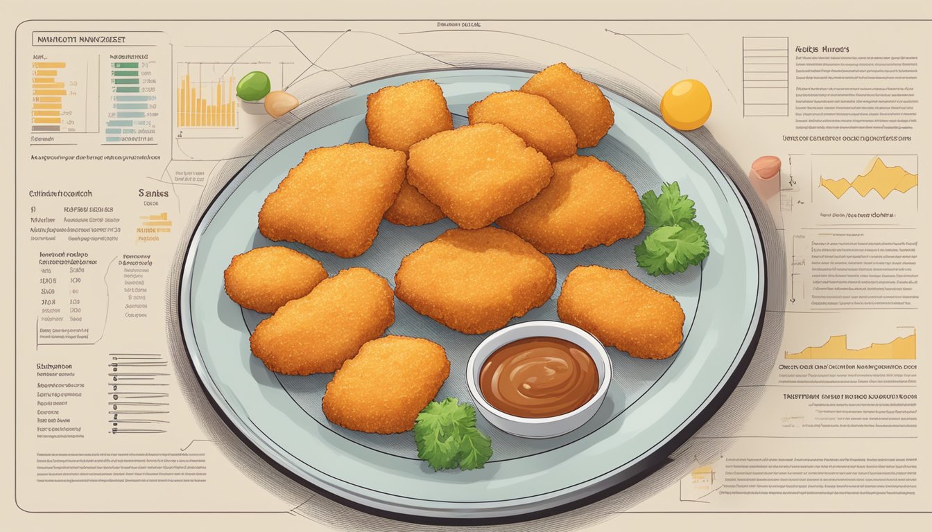 A plate of chicken nuggets with a variety of nutritional information charts and graphs surrounding it