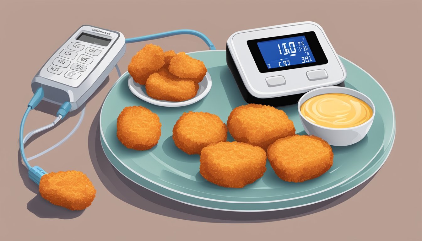 A plate of chicken nuggets next to a blood sugar monitor