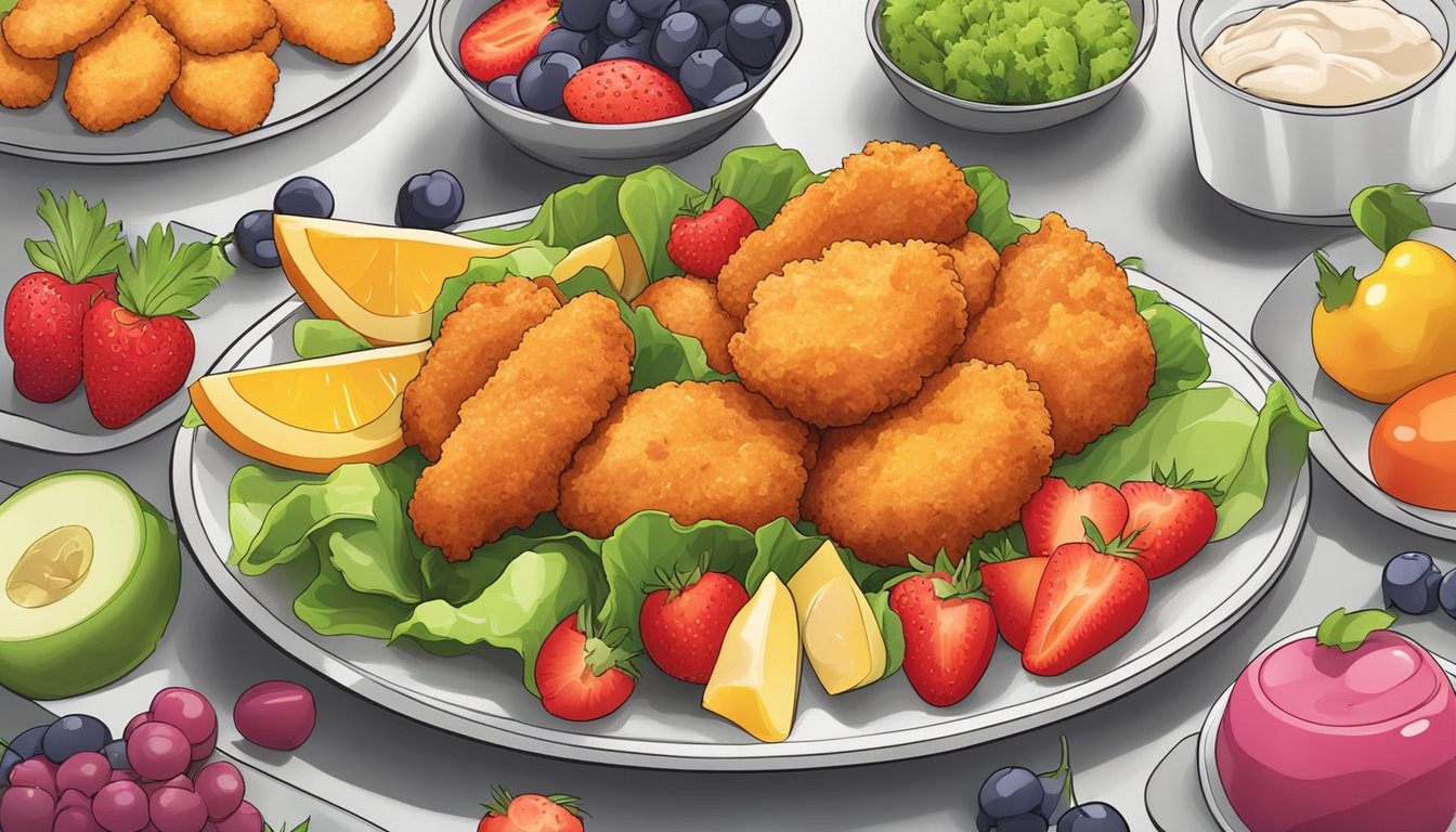 A plate of chicken nuggets surrounded by a variety of colorful, fresh fruits and vegetables