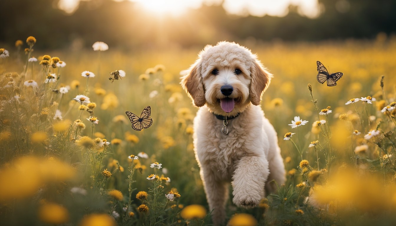 A Mini Goldendoodle plays in a field of wildflowers, surrounded by butterflies and bumblebees. Its fluffy, hypoallergic coat glistens in the sunlight