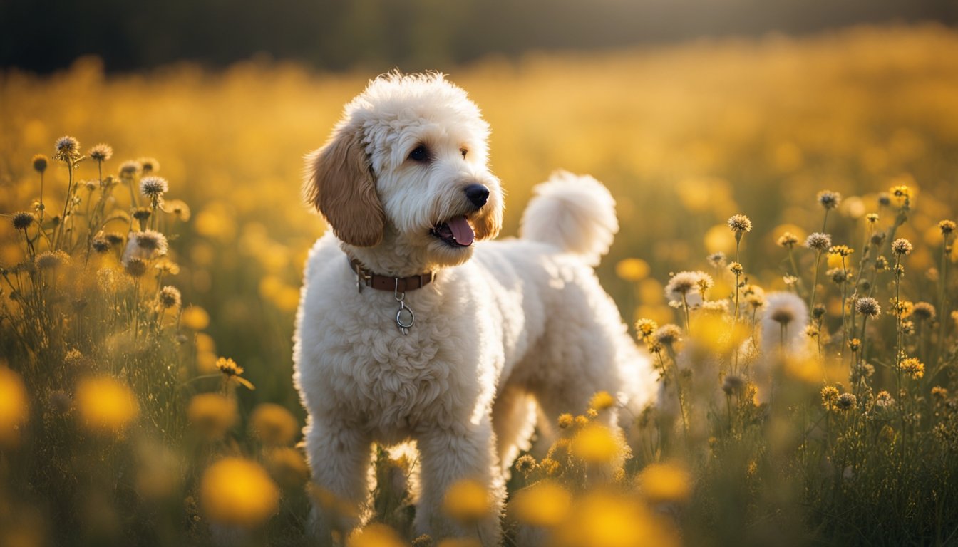 A fluffy mini Goldendoodle stands in a field of wildflowers, its curly, hypoallergenic coat glistening in the sunlight