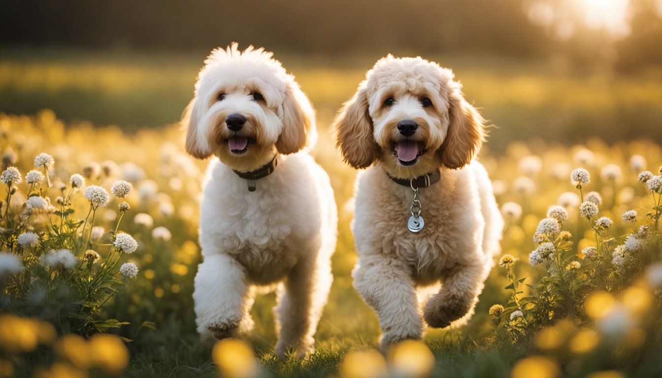 A Mini Goldendoodle plays in a field of flowers, surrounded by a gentle breeze and sunshine. Its hypoallergenic coat shimmers in the light