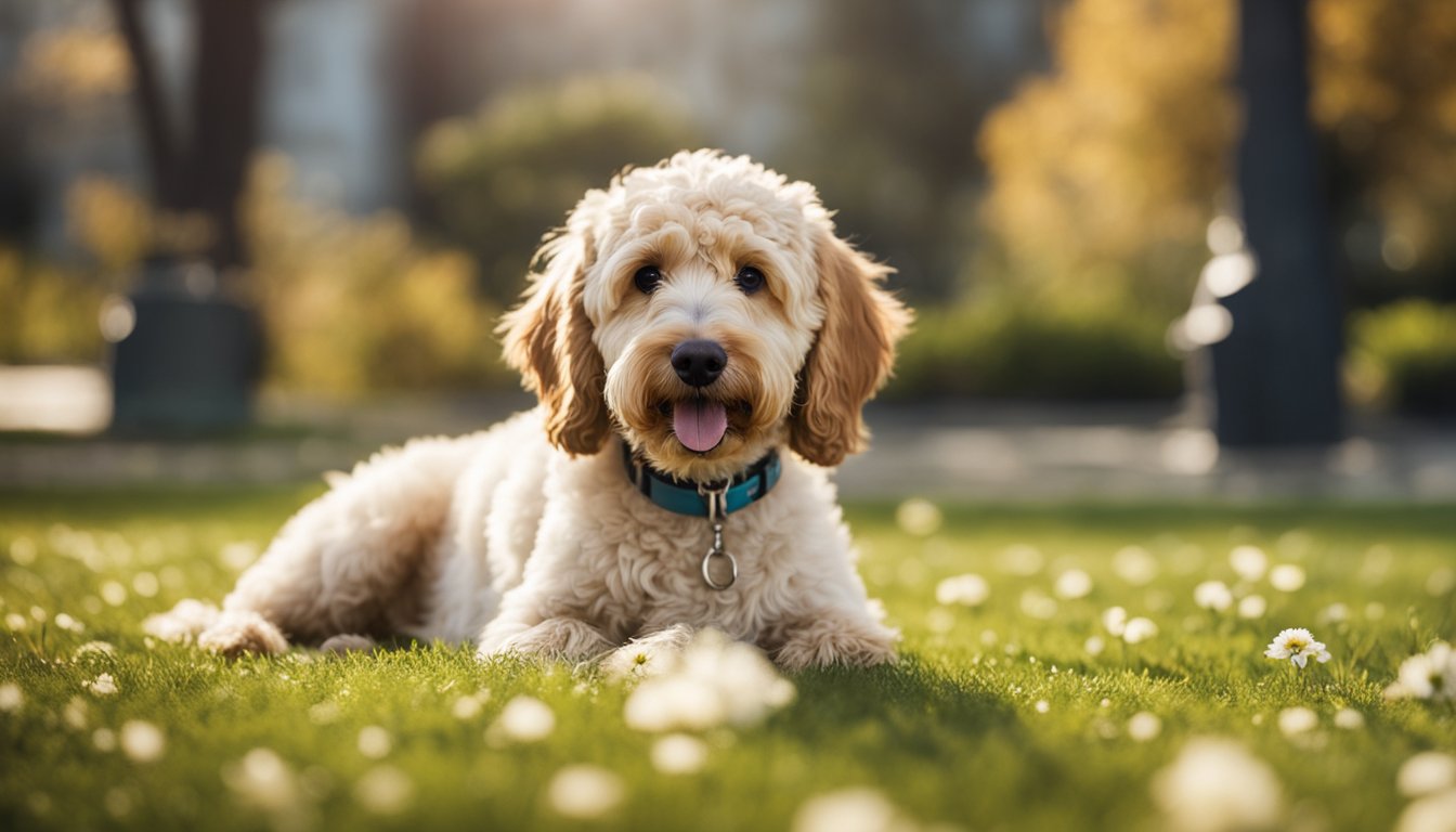 A mini Goldendoodle surrounded by various allergens like pollen, dust, and pet dander, with sneezing and itchy eyes