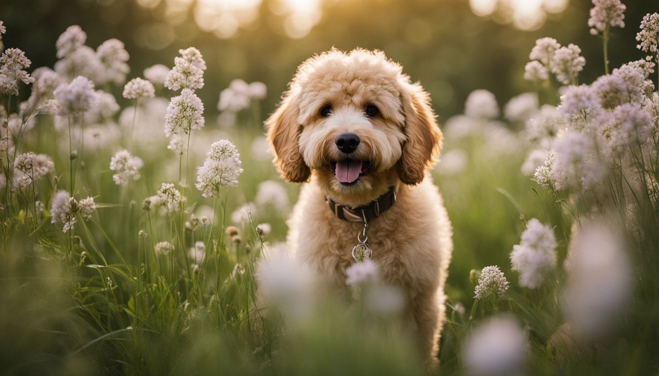 A mini Goldendoodle stands in a field of tall grass, surrounded by blooming flowers and trees. Pollen and dander float in the air around the dog