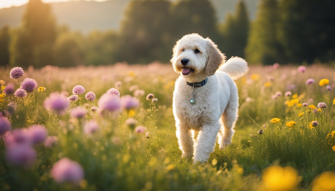 A Mini Goldendoodle stands in a grassy field, surrounded by colorful flowers, with a gentle breeze blowing its curly, hypoallergenic coat