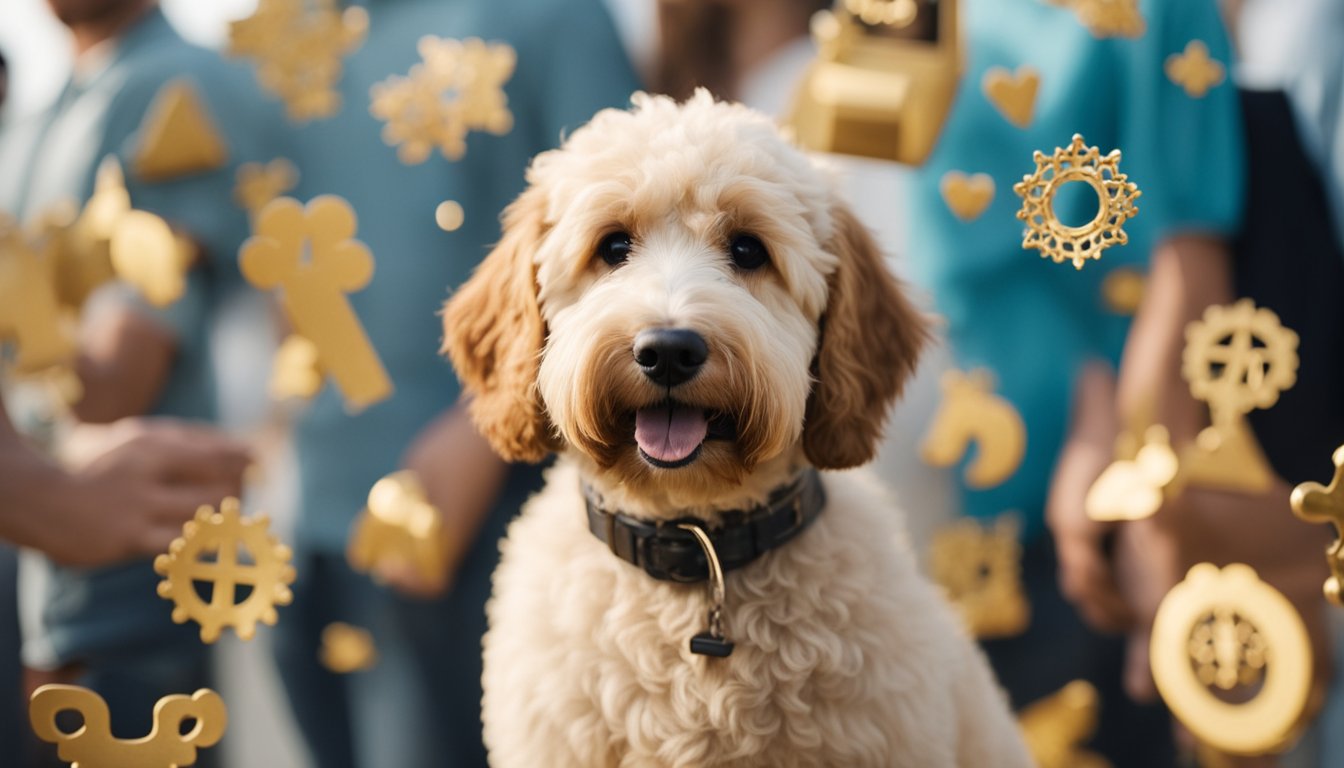 A Mini Goldendoodle surrounded by hypoallergenic symbols and a group of people with no allergic reactions