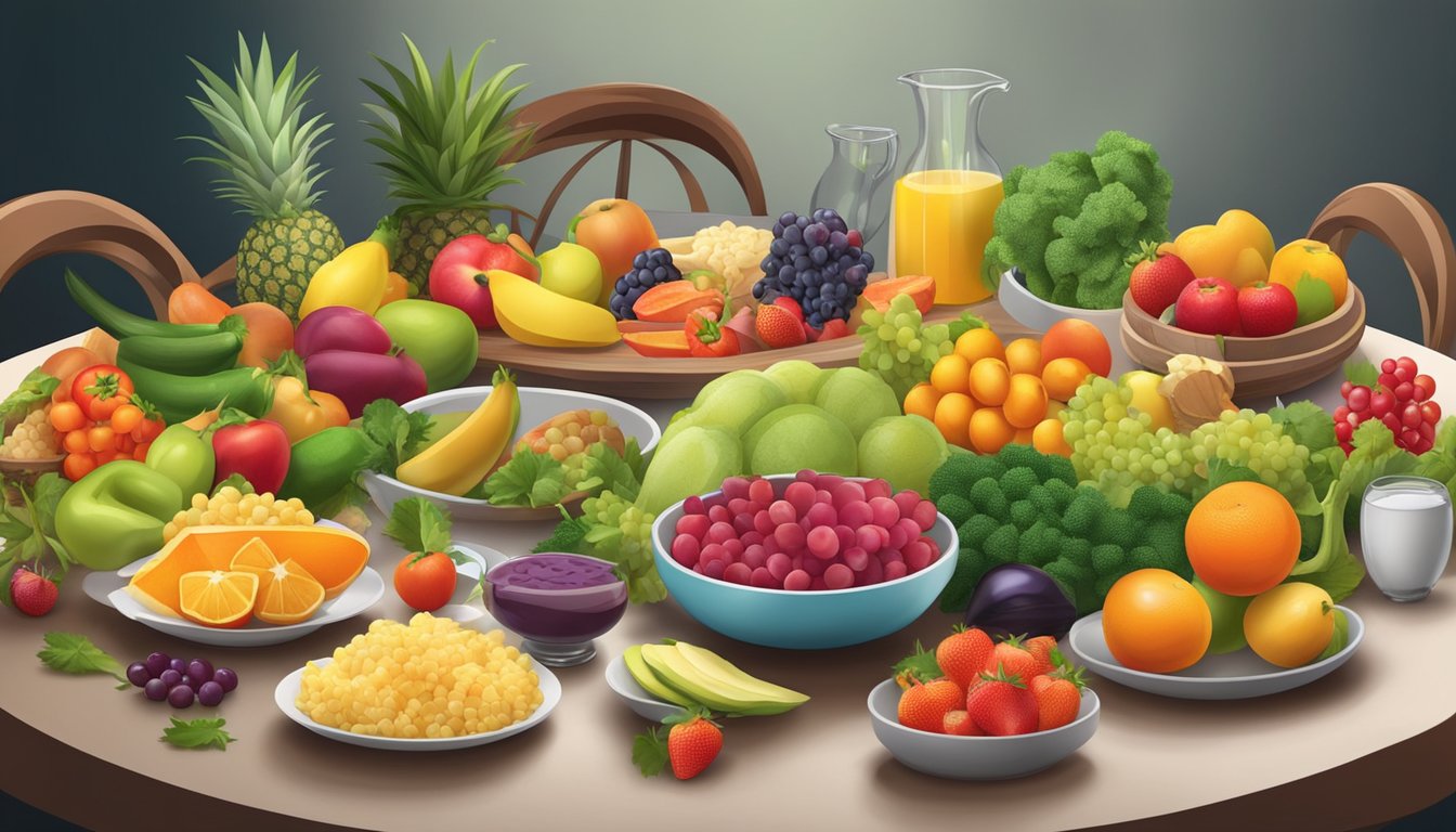 A dinner table with a variety of colorful fruits, vegetables, and lean proteins, arranged in accordance with the seasons