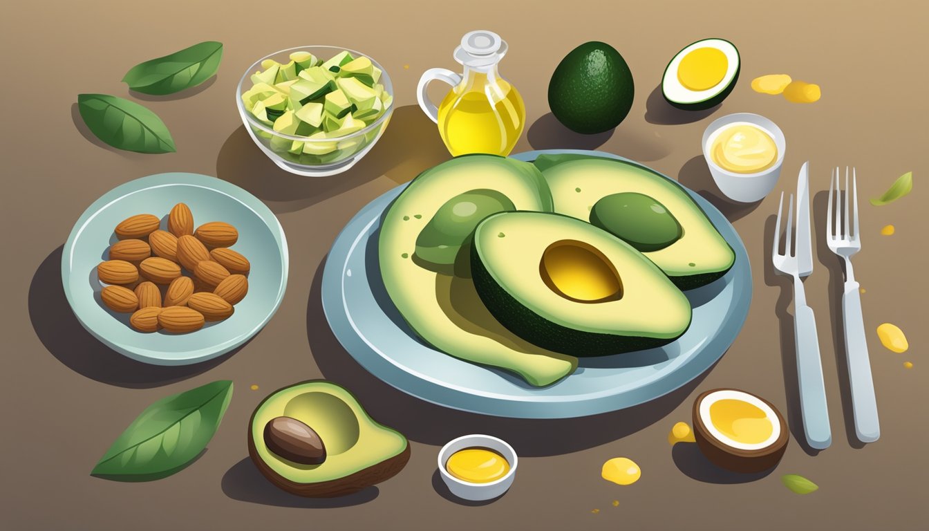 A dinner table set with a variety of healthy fats such as avocados, nuts, and olive oil. A blood sugar monitor sits next to a balanced meal