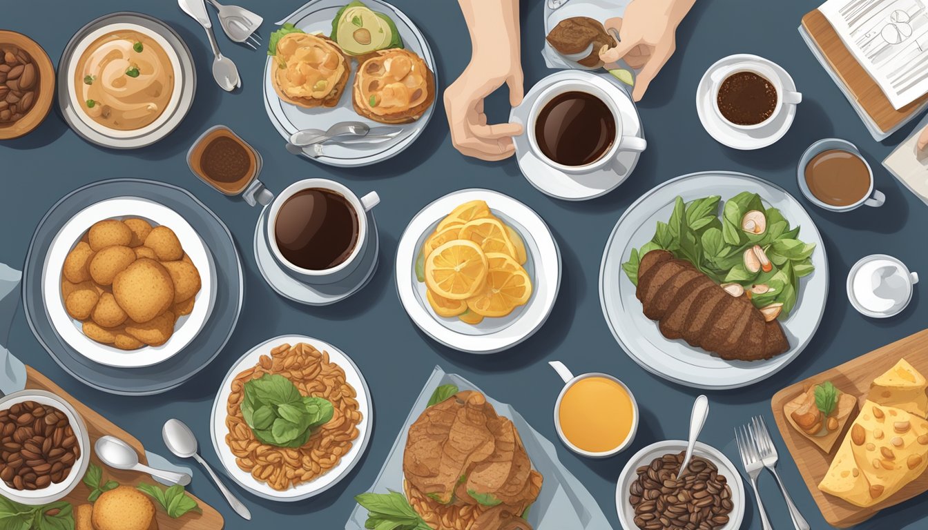 A table set with a diabetic-friendly dinner spread, featuring coffee and tea pairings, surrounded by informative posters about diabetes and diet