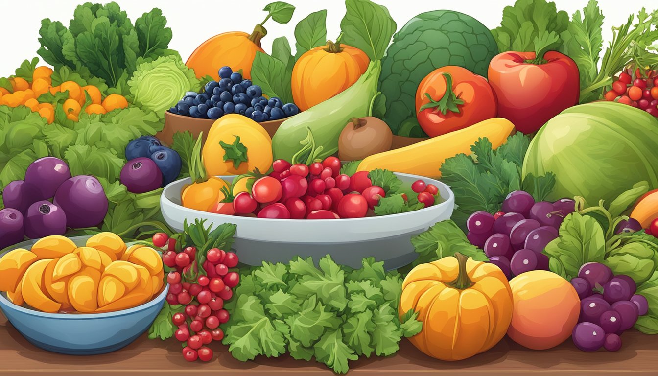 A table set with a variety of colorful fruits and vegetables, with a mix of leafy greens, root vegetables, and berries, representing different seasons