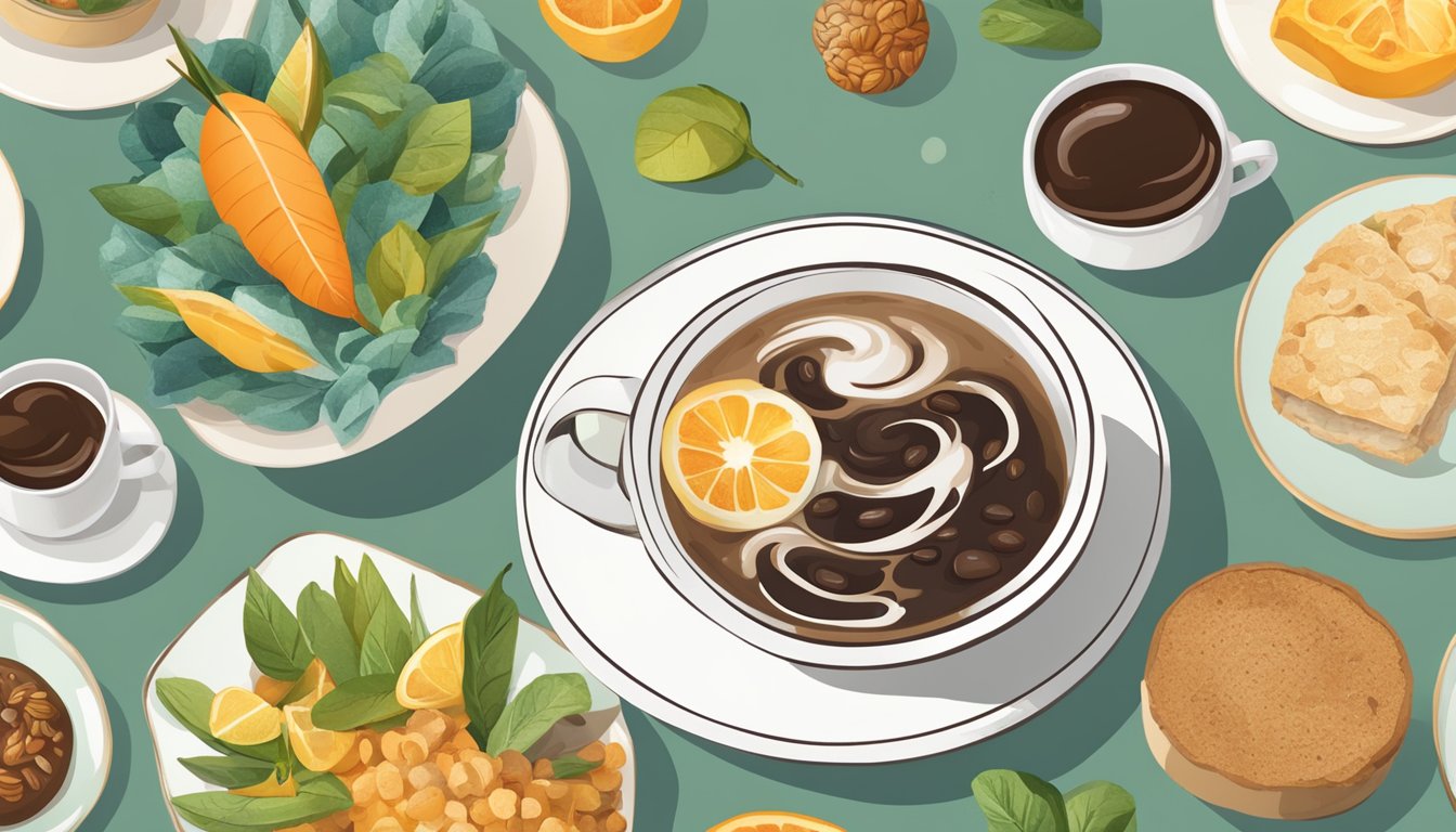 A table with a steaming cup of coffee and a delicate teacup, surrounded by various healthy food items