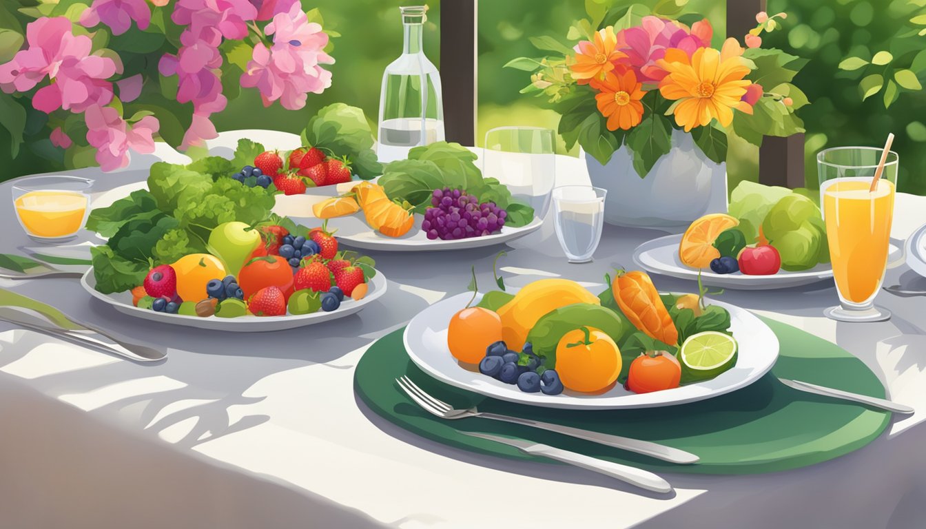 A vibrant table setting with fresh fruits, vegetables, and grilled lean proteins. The setting is outdoors, with a backdrop of blooming flowers and lush greenery