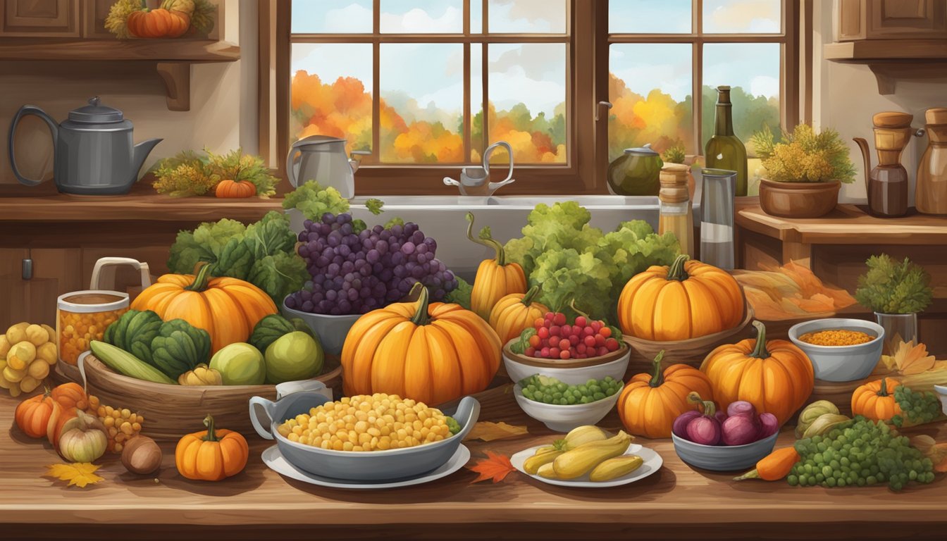 A rustic kitchen table adorned with an array of autumn produce and hearty dishes, evoking the flavors of the fall harvest