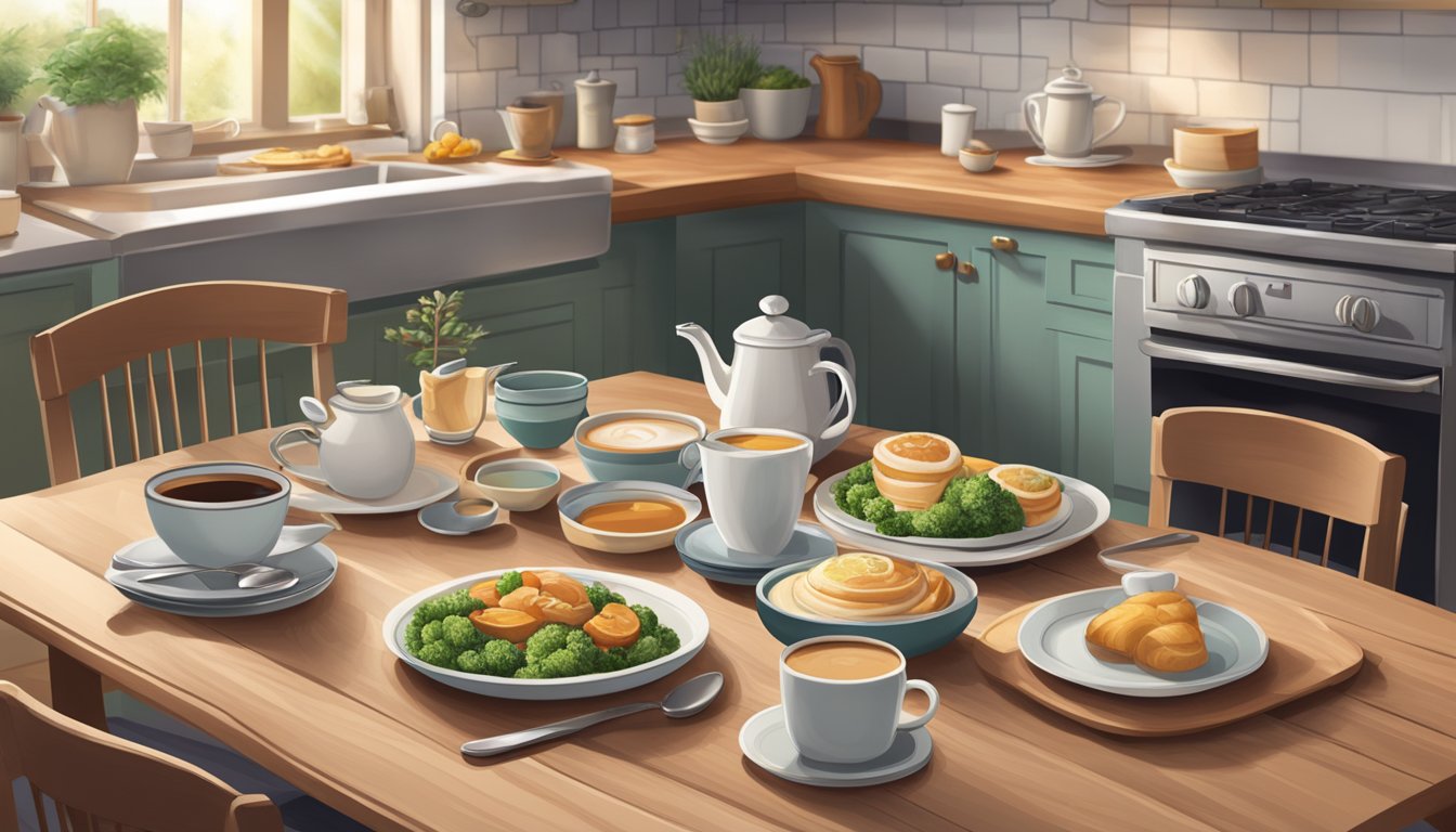 A cozy kitchen table set with a diabetic-friendly dinner spread, featuring carefully paired coffee and tea options, with a calming and inviting atmosphere