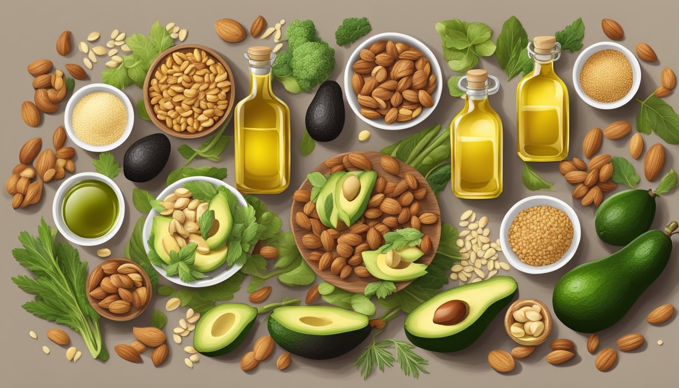 A dinner table set with a variety of nuts, avocados, and olive oil, surrounded by fresh vegetables and whole grains