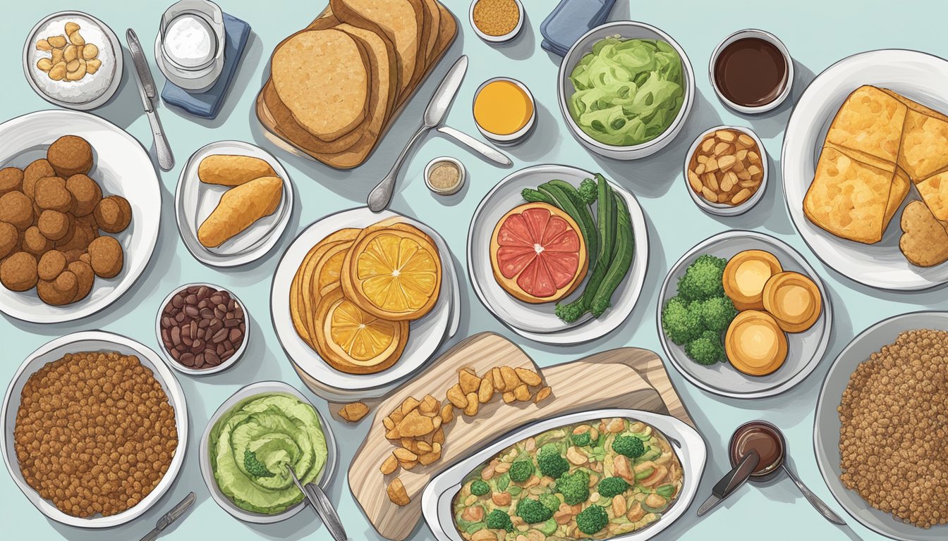 A variety of foods with different textures laid out on a table, including smooth, crunchy, and chewy options. A blood glucose monitor and insulin pen are also present