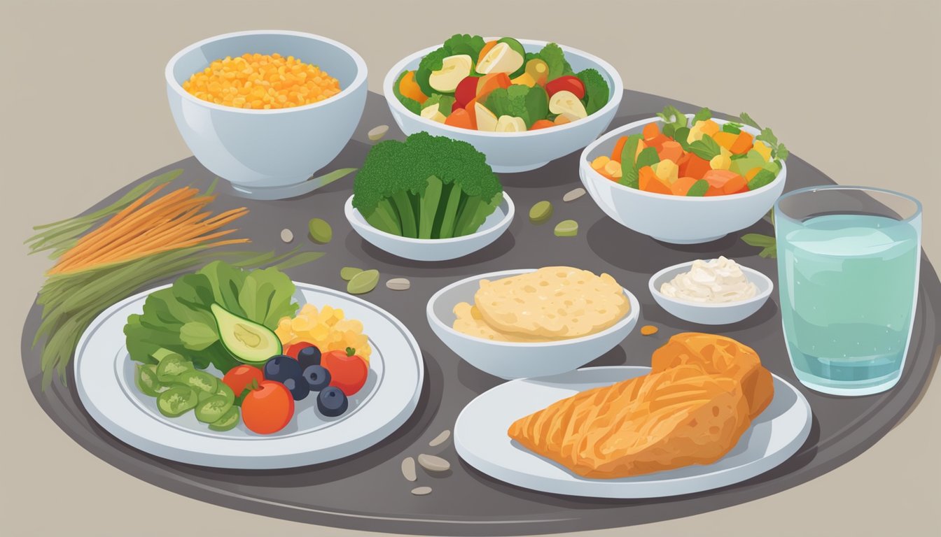 A dinner table set with balanced, colorful meals and portioned out servings. A plate with a variety of vegetables, lean protein, and whole grains. A glass of water and a small dessert portion