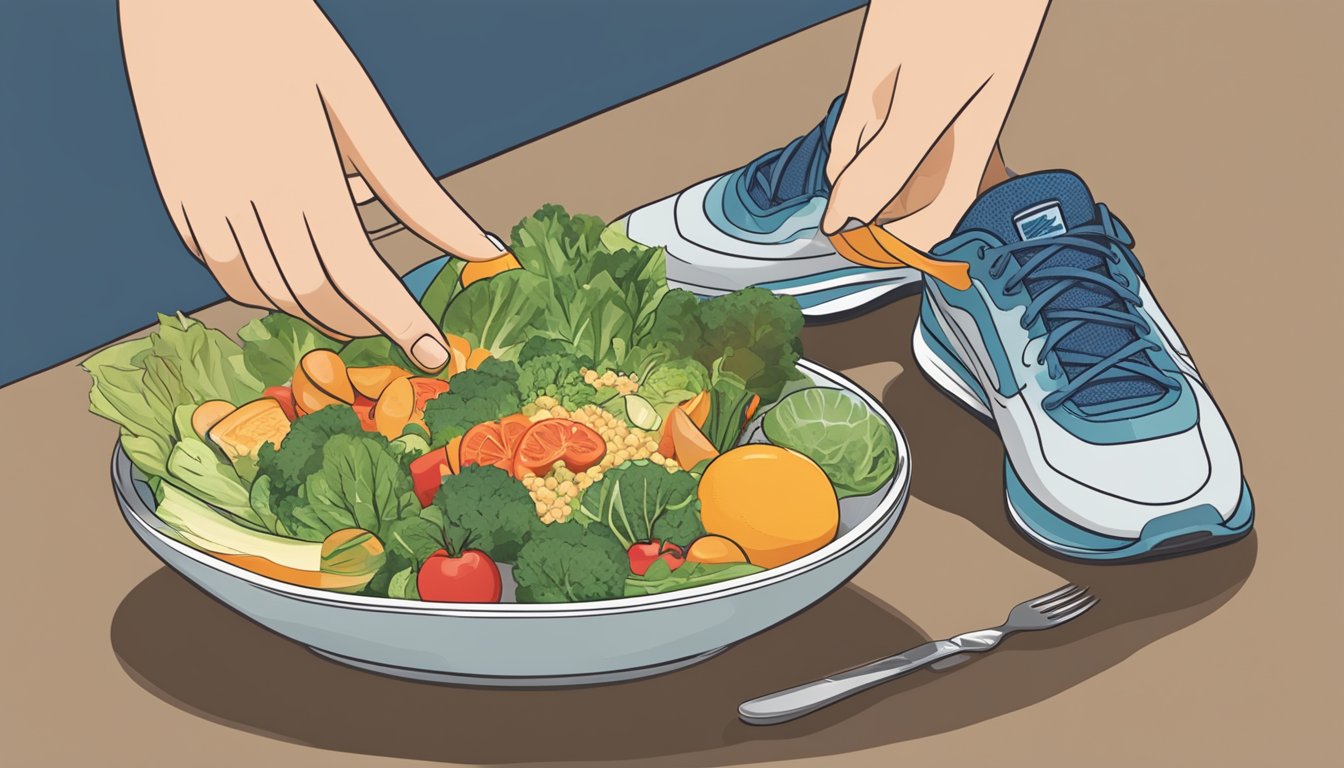 A person setting out a plate of balanced, healthy food next to a pair of running shoes